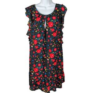 J.Crew XXL Floral Ruffle Cap Sleeve Keyhole Shift Dress Black Multi Color goth